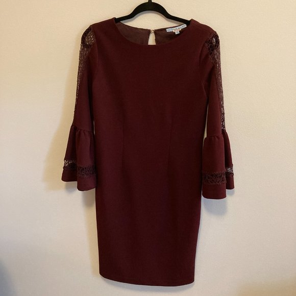 Antonio Melani Shift Dress Burgundy Sz 4 w/Lace Details Bell Sleeves Minimalist - Picture 2 of 13